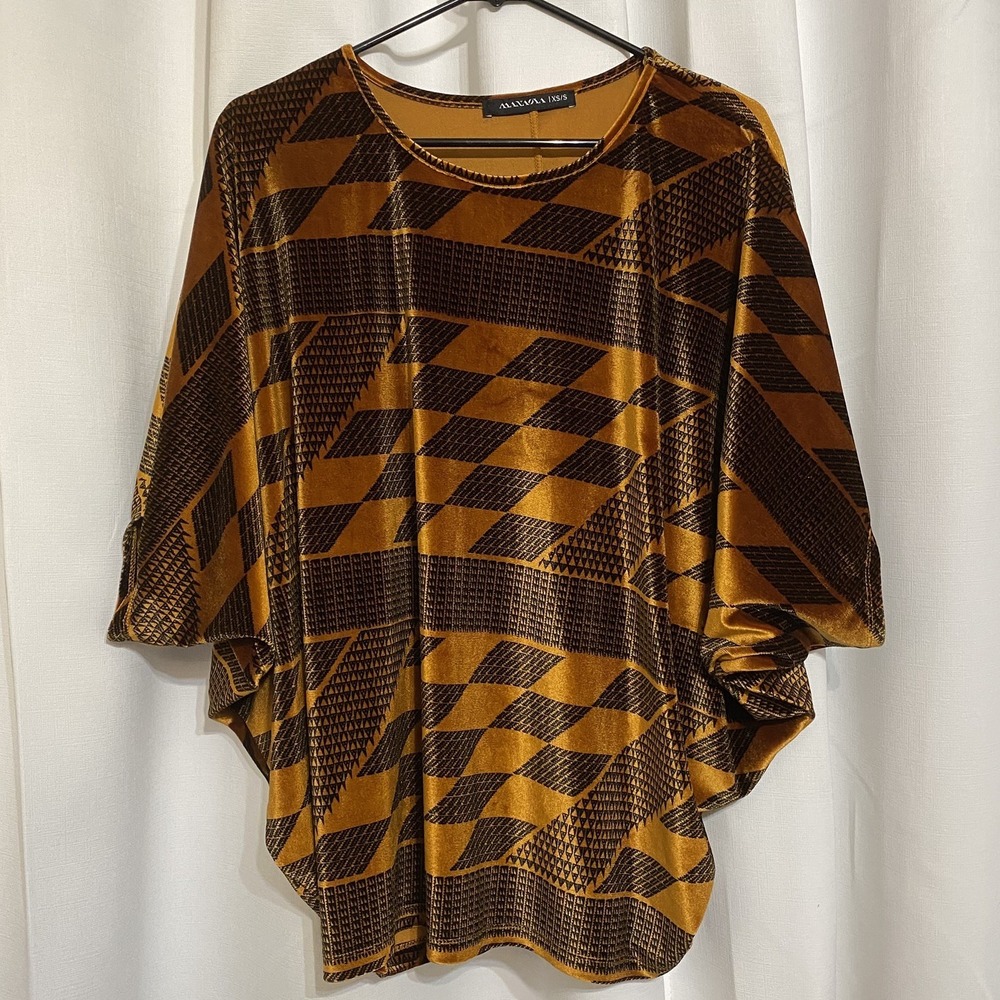 Manaola Gold & Black Geometric Dolman Sleeve Velvet Tunic Womens Blouse Top XS/S